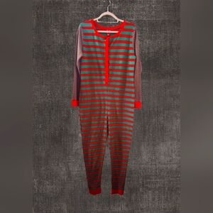 Target Red Green Striped Thermal One Piece Christmas Unisex Pajamas Size L (E10)